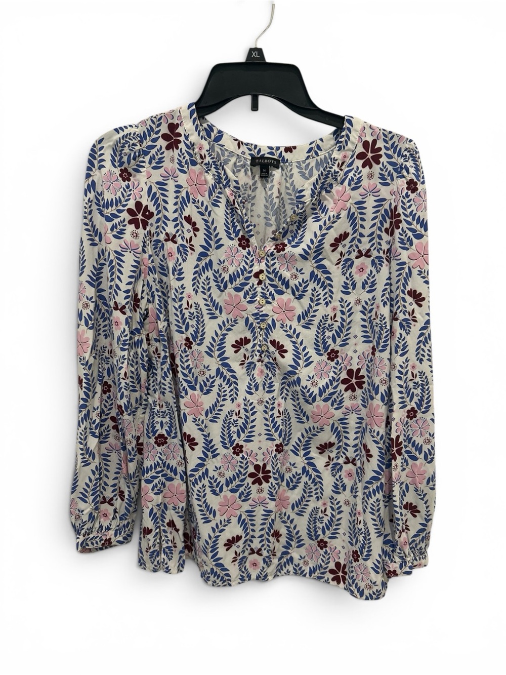 Talbots Blue and Pink Floral Split V-Neck Peasant Blouse - Picture 2 of 7
